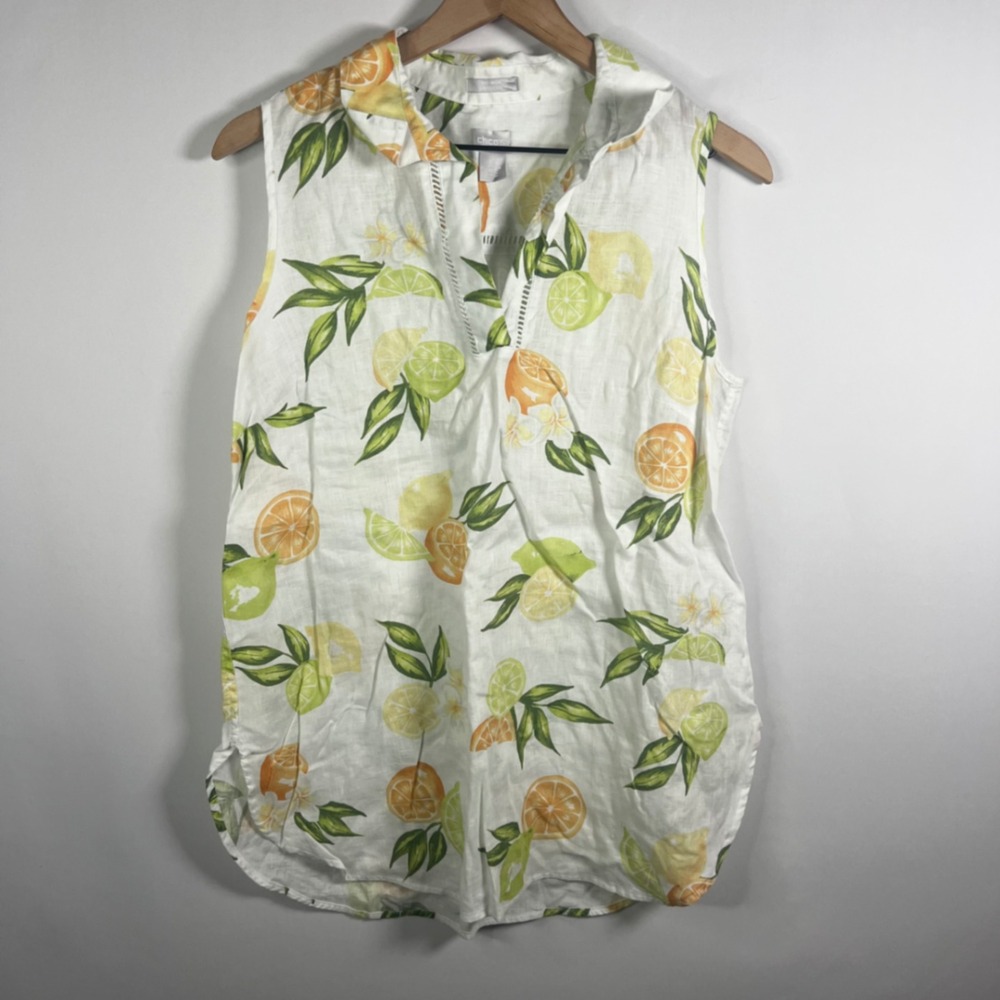 Chico's Women 1 US 8/10 No-Iron FreshChic Citrus Fruit‎ Printed Sleeveless White